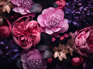 Beautiful floral composition featuring pink and purple flowers, isolated on black