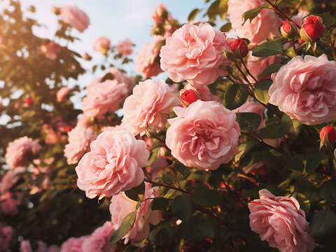 Toned image captures climbing pink roses in a summer garden