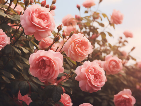 Climbing pink roses add beauty to a summer garden in a toned image