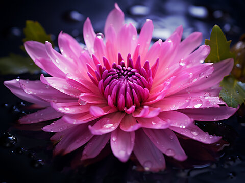 Pink aster flower delicately floating on water, captured in close-up