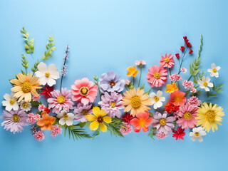 Bright artificial flowers contrast beautifully with the blue background