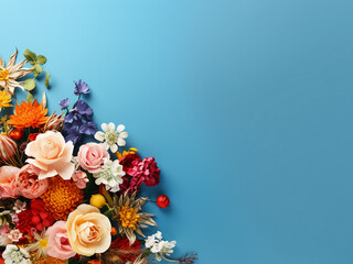 Colorful faux blooms arranged on a blue background, perfect for text