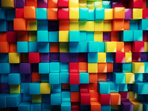 3D-rendered illustration showcases an abstract geometric background with colorful cubes