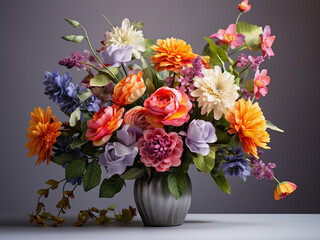 Bouquet of colorful flowers against a grey background with space for text