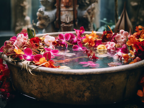 Vibrant flower background enhances the ambiance of a traditional Balinese spa bath