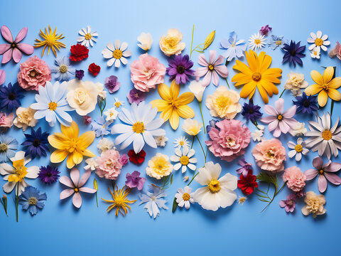 Top-down view of vibrant flowers arranged on a blue background