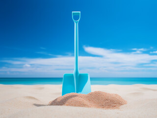 Fototapeta na wymiar Colorful plastic sand shovels stand out on a blue backdrop