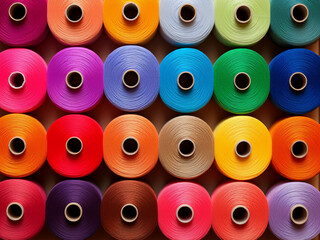 Top view displays colorful spools of thread in a rainbow palette pattern