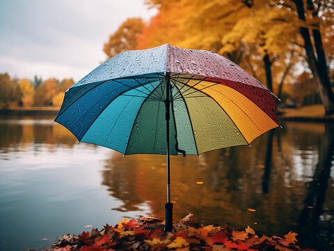 A colorful umbrella adds vibrancy to a rainy lakeside scene