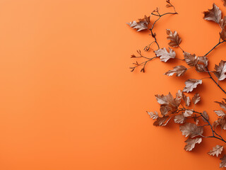 Arrangement of dry twigs and leaves forms a composition against an orange backdrop