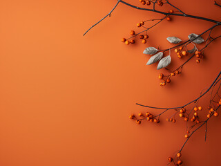 Dry twigs and leaves arranged on an orange backdrop with space for text