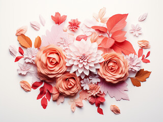 Floral arrangement on white for wallpaper, featuring flowers, leaves, and petals