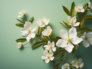 Fototapeta premium Colorful background serves as a canvas for white flowers and leaves
