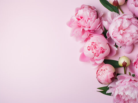 Copy space available on a delicate pink background adorned with peonies