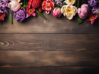 Beautiful flowers arranged on wooden background for a creative card