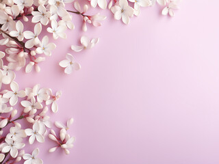 Top-view composition with white lilac petals on pink backdrop