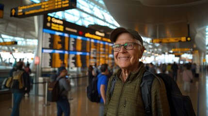 Fototapeta premium A man wearing a green jacket and a hat stands in a busy airport terminal