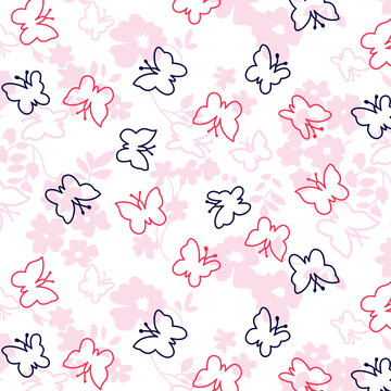 Colorful contour butterflies pattern on flower silhouettes