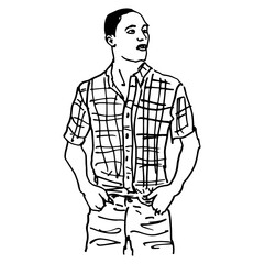 Standing young man wearing checkered shirt and holding hands in his pockets. Male portrait. Akimbo pose. Hand drawn linear doodle rough sketch. Black and white silhouette.