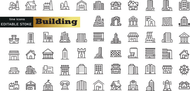 Building web icons in line style. Hotel, hospital, apartament, city, town house, mall, coffee, collection. Vector illustration.