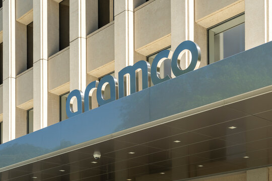Houston, Texas, USA - April 4, 2024: Aramco logo sign on the office building in Houston, Texas, USA. Aramco is a petroleum and natural gas company that is the national oil company of Saudi Arabia.