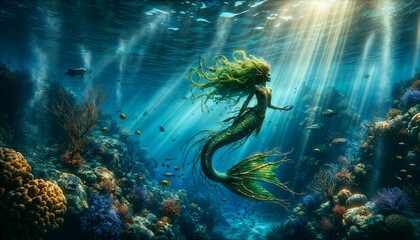 Majestic Green and Gold Mermaid in Mystical Underwater Scene with Coral Reefs and Sunlight - Fantasy Ocean Wallpaper - obrazy, fototapety, plakaty