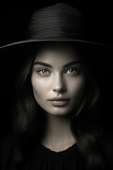 Elegant  woman in vintage-inspired  hat, timeless sophistication and style, black and white photo