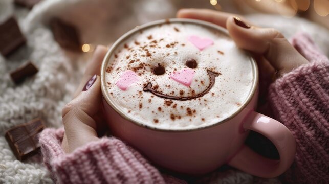 pink cup of coffee with pieces of chocolate and a smiley face on the foam in hands in a pink knitted sweater on a wooden table in a cozy atmosphere. The concept of coziness, breakfast, chocolate day
