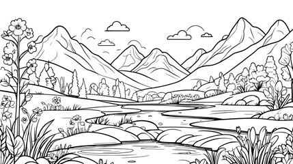 Majestic Mountains and River Landscape, Theme coloring page activity for kids and adults
