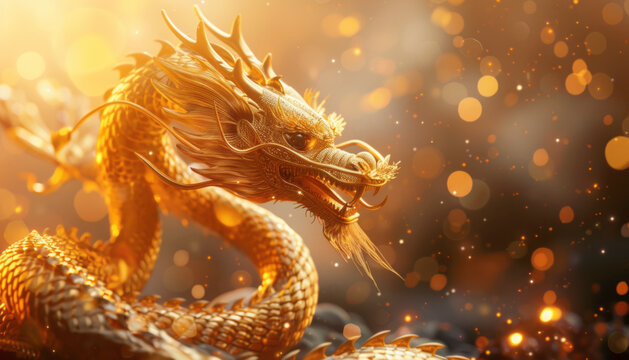A golden dragon coiled around, curling,sparkling lights,generative ai
