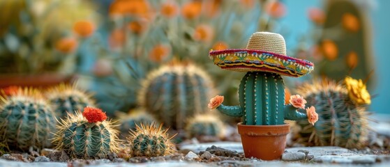 cactus in sombrero as bacground of Cinco de Mayo celebration