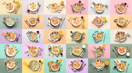 Collection of funny Easter bunny pancakes on color background, top view