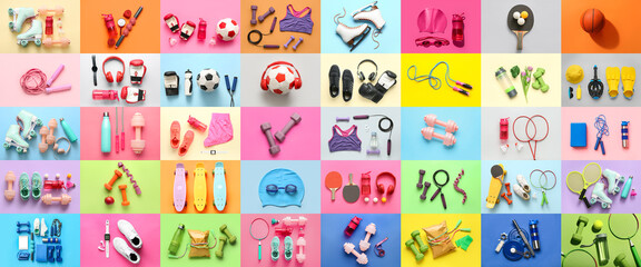 Collection of sports equipment on color background - obrazy, fototapety, plakaty