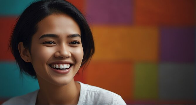 young indonesian woman on plain bright colorful background laughing hysterically looking at camera background banner template ad marketing concept from Generative AI