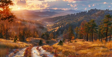 Breathtaking Autumn Landscape, Mountains Awash in Fall Colors, Sunrise Illuminating the Misty Countryside, a Scenic Masterpiece - obrazy, fototapety, plakaty