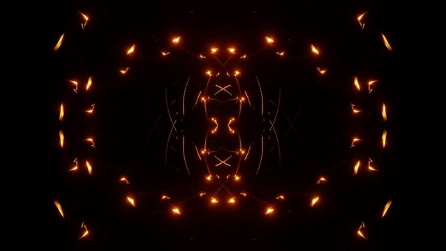 Fire Mayan fractal or kaleidoscope appears and disappears with bright lights VJ loop 3d render. Abstract pattern for music show, disco, night club, dance festival at noisy party
