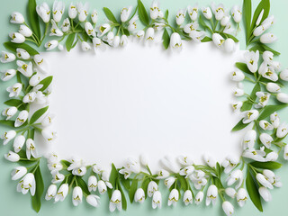 A white-framed layout adorned with snowdrops offers a serene depiction of spring, capturing the essence of renewal