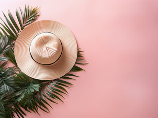 Summer vacation concept depicted in a minimalist collage with hat, fern leaves, and seashell