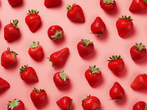 Minimal top view composition showcases strawberry pieces creatively arranged on a summer background