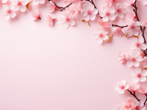 Millennial pink background adorned with a cherry blossom frame, offering space for text