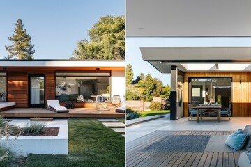 Cozy bungalow (left) vs. contemporary smart home (right), comfort meets eco-innovation on white.