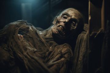 Mummy awakening from its ancient slumber in a dimly lit crypt, a revival of an old curse