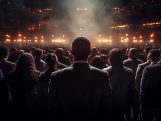 Crowd of businesspeople captured from behind against a background of illuminating lights