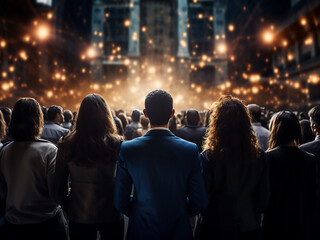 Businesspeople seen standing with their backs turned against a backdrop of lights