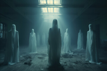 Ethereal figures in white shrouds standing in an abandoned asylum, a ghostly assembly