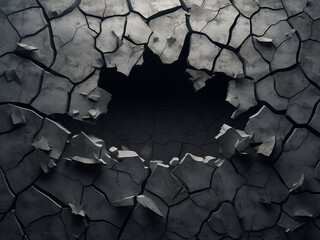 3D illustration depicting a grunge background with a dark, cracked, broken hole in a concrete wall - obrazy, fototapety, plakaty