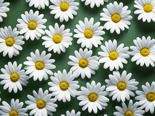 Daisy delight White chamomile flowers form a charming flat lay on a green backdrop