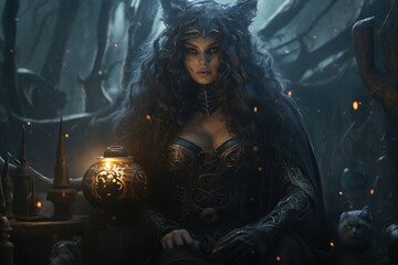 Mystical sorceress with a crystal ball in an enchanting dark lair, conjuring ancient spells