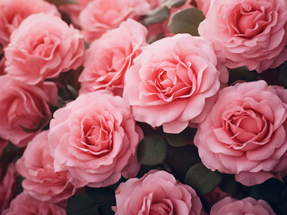 Pink climbing roses captured in close-up against a gently filtered backdrop