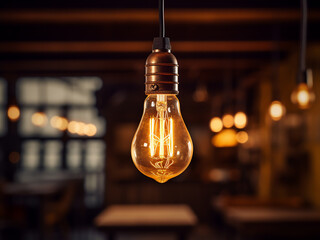 Vintage Edison-style bulbs add decorative charm to the forest setting - obrazy, fototapety, plakaty